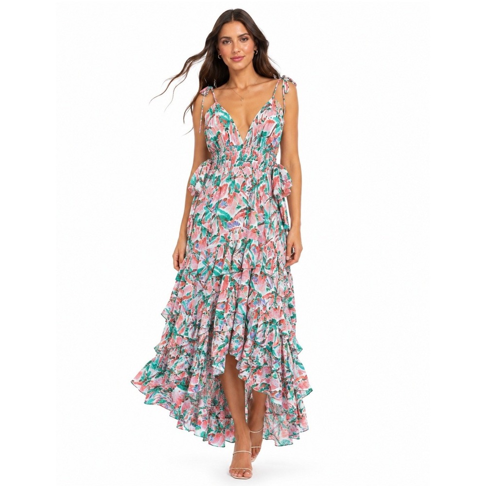 Tropical Boho Floral Tiki Resortwear Maxi Dress Ruffle High Low Small Pink Green